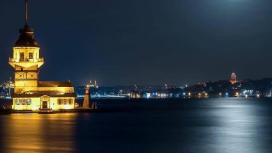 A rare view of the strong waters of the Bosphorus sleeping in a calm state under...