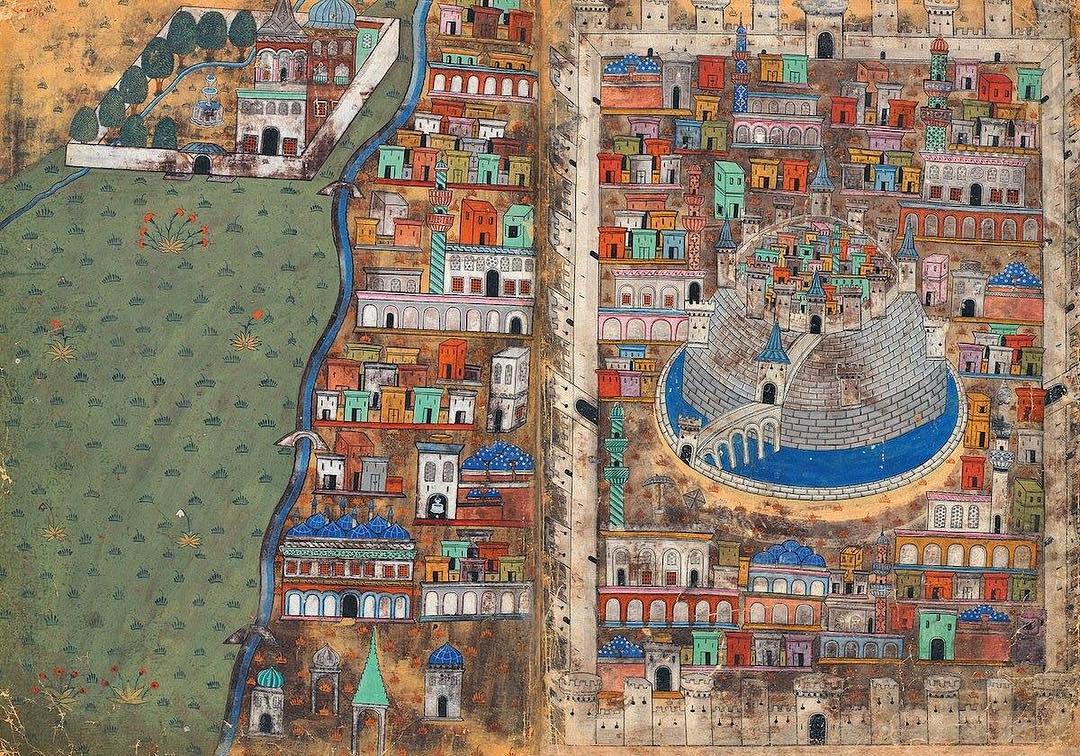 An Ottoman miniature from the 1500's of Syria, drawn by Ottoman polymath Matrak...