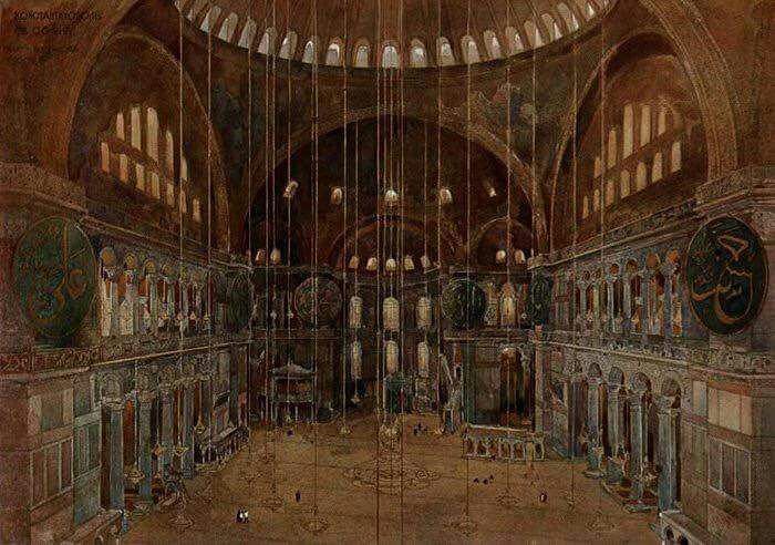 Ayasofya Camii, Istanbul, 1900.
Interior of the Hagia Sophia mosque, Ottoman Ist...