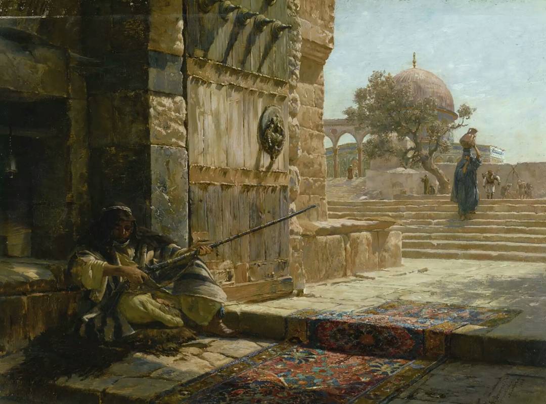 Bir Osmanlı nöbetçisi Kubbet-üs-Sahra'da nöbet tutarken, Osmanlı dönemi Filistin...