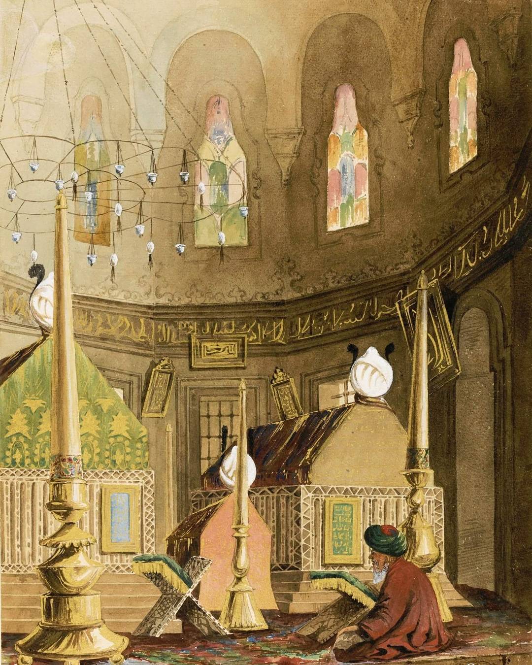 Bir Osmanlı padişahının türbesinde Kur'ân okuyan bir Seyyid, İstanbul, 1850. Sey...