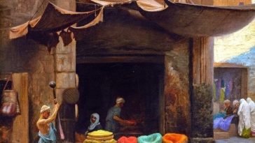 Boya üretmek için taş öğütme, Osmanlı dönemi Mısır, 1800'ler.
Grinding colour po...