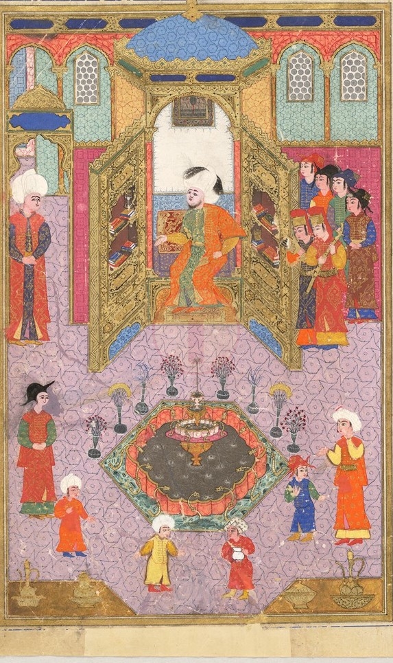 III. Murad'ın, kendisine takdim edilen kitapları incelemesi.