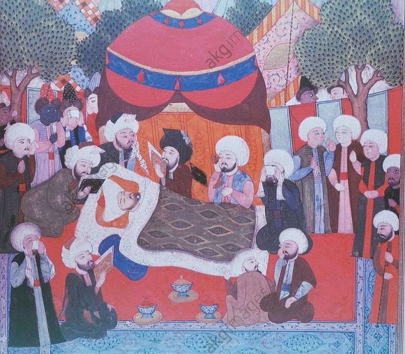 Orhan Gazi'nin ölümü. 

İslam telakkisi içerisinde ölünün başında Kur'an-ı Kerim