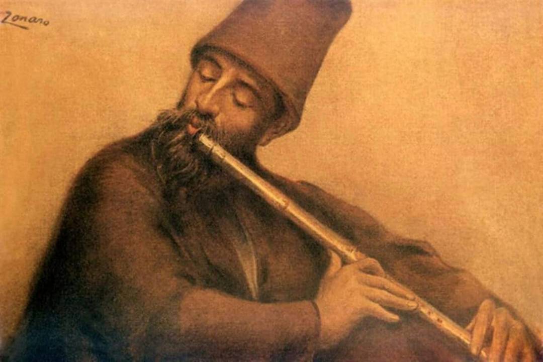 Osmanlı Mevlevi neyzen derviş.
An Ottoman Mevlevi dervish playing the ney.
     ...