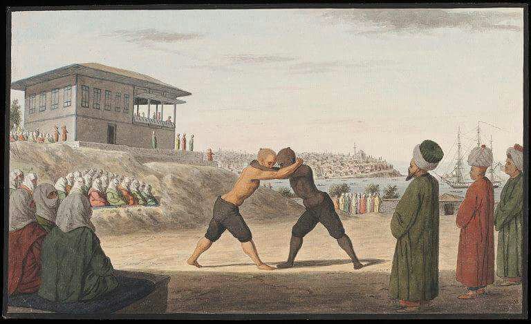 Osmanlı dönemi yağlı güreş, Topkapı Sarayı, Istanbul, 1800'ler.
Ottoman wrestler...
