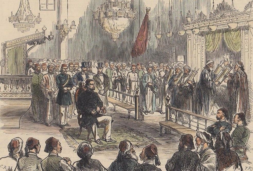 Ottoman Jews praying for the success of the Ottoman army in a Synagogue in Istan...