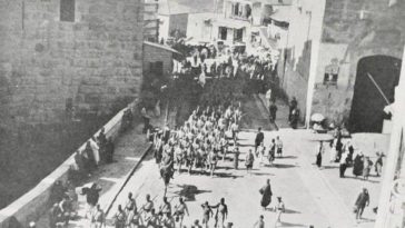Ottoman soldiers marching through the Streets of  at the beginning of WWI, Pales...