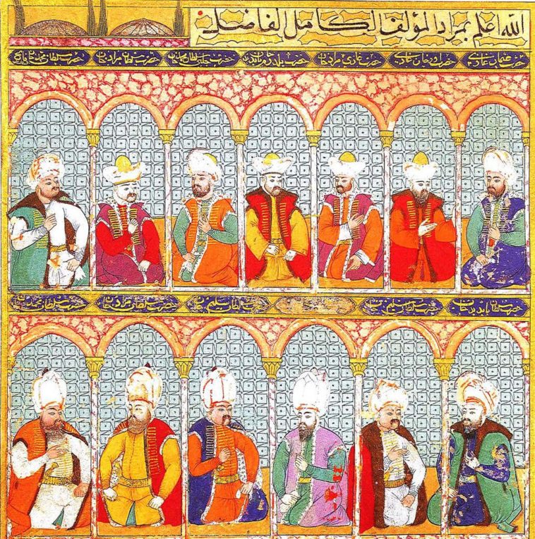 ilk 13 Osmanlı Padişahı,
sağ üst birinci sıradan, Osman Gazi, Orhan Gazi, I. Mu