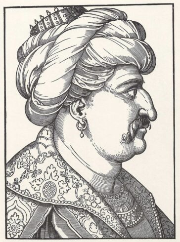 İlk olarak 1530'larda Sultan Süleyman [Kanuni] olarak Erhard Schoen tarafından t