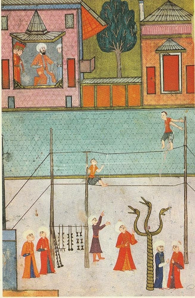 İp canbazlarının III. Murad'ın huzurunda hünerlerini sergilemeleri.