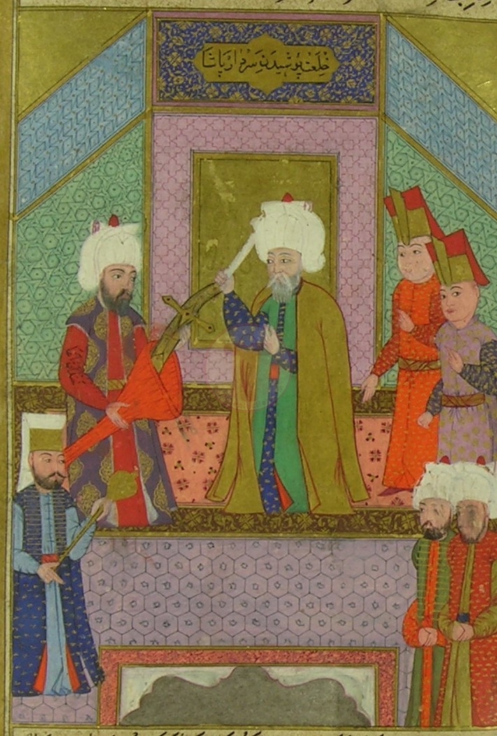 Şark Serdarı Lala Mustafa Paşa'nın, III. Murad'ın gönderdiği Hil'atı giyip hediy